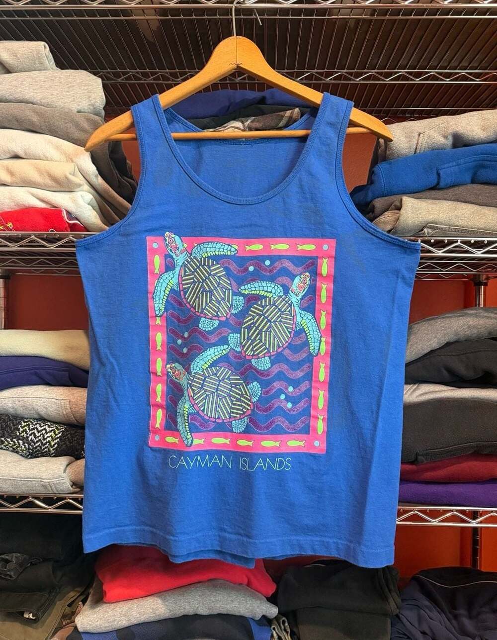 Vtg single stitch Cayman Islands  tank top 80s lightweight blue sea turtle